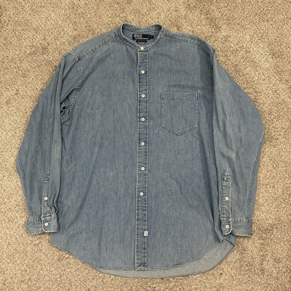 Vintage Polo Ralph Lauren Denim Band Collar Shirt Mens Large Cotton Long Sleeve - Picture 2 of 8